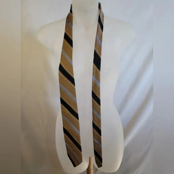Vintage Arthur Frederick  Tan Striped Tie Blue Black White - Picture 1 of 10